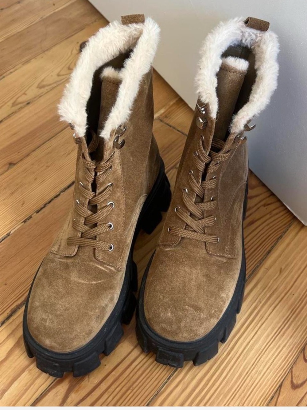 Marc Fisher Tan Suede Faux-Fur Combat Boots